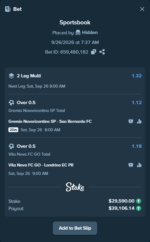 Bet slip: Vila Nova FC GO - Londrina EC PR, $29,590.00 stake at 1.18 odds, placed by SH7N28