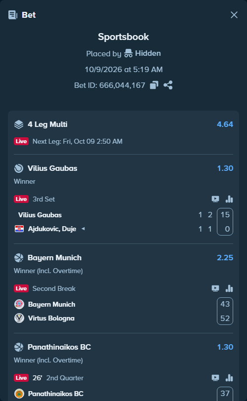 Bet slip: Vilius Gaubas - Ajdukovic, Duje, $13,337.27 stake at 1.30 odds, placed by Prettylfacko98