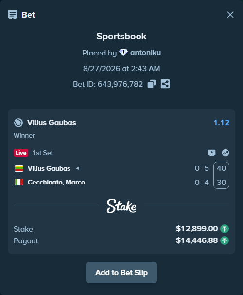 Bet slip: Vilius Gaubas - Cecchinato, Marco, $12,899.00 stake at 1.12 odds, placed by antoniku