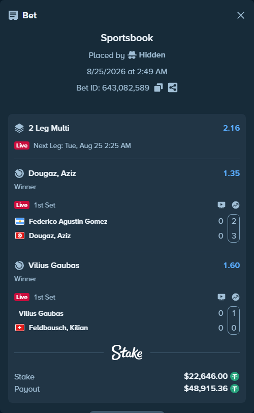 Bet slip: Vilius Gaubas - Feldbausch, Kilian, $22,646.00 stake at 1.60 odds, placed by Hidden
