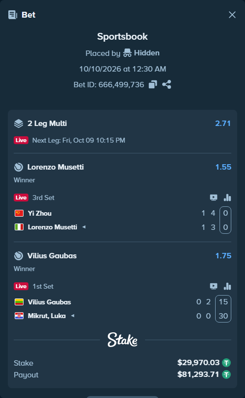 Bet slip: Vilius Gaubas - Mikrut, Luka, $30,000.00 stake at 1.75 odds, placed by Hidden