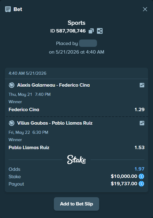Bet slip: Vilius Gaubas - Pablo Llamas Ruiz, $10,000.00 stake at 1.53 odds, placed by Ursaslyya