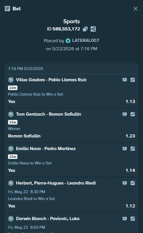 Bet slip: Vilius Gaubas - Pablo Llamas Ruiz, $10,003.00 stake at 1.13 odds, placed by LATERAL007