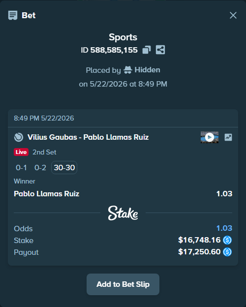 Bet slip: Vilius Gaubas - Pablo Llamas Ruiz, $16,748.16 stake at 1.03 odds, placed by Hidden