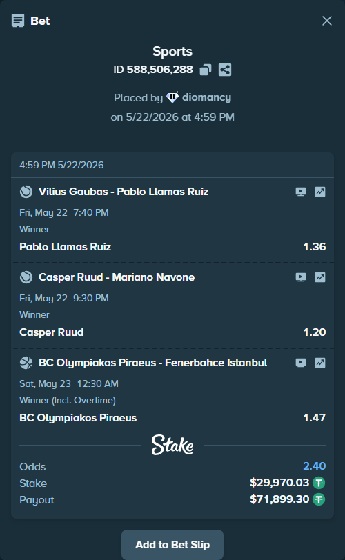 Bet slip: Vilius Gaubas - Pablo Llamas Ruiz, $30,000.00 stake at 1.36 odds, placed by diomancy