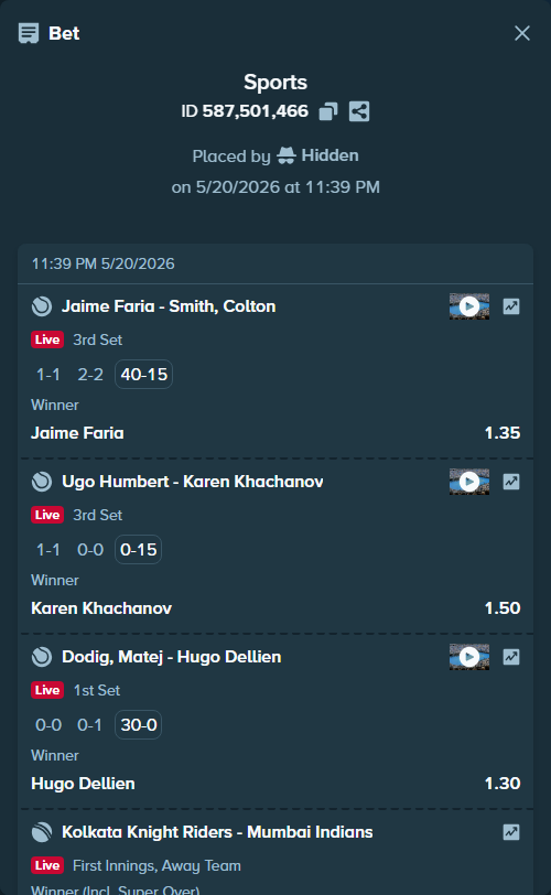 Bet slip: Vilius Gaubas - Reis Da Silva, Joao Lucas, $10,000.00 stake at 1.28 odds, placed by Hidden