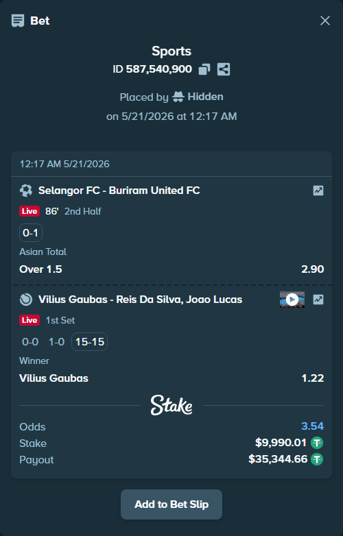 Bet slip: Vilius Gaubas - Reis Da Silva, Joao Lucas, $10,000.00 stake at 1.22 odds, placed by Hidden