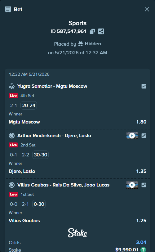 Bet slip: Vilius Gaubas - Reis Da Silva, Joao Lucas, $10,000.00 stake at 1.25 odds, placed by Hidden