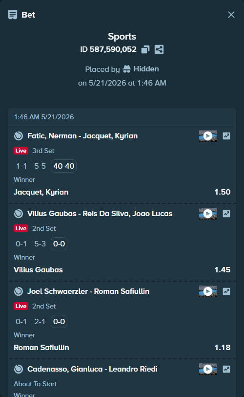 Bet slip: Vilius Gaubas - Reis Da Silva, Joao Lucas, $10,000.00 stake at 1.45 odds, placed by Hidden