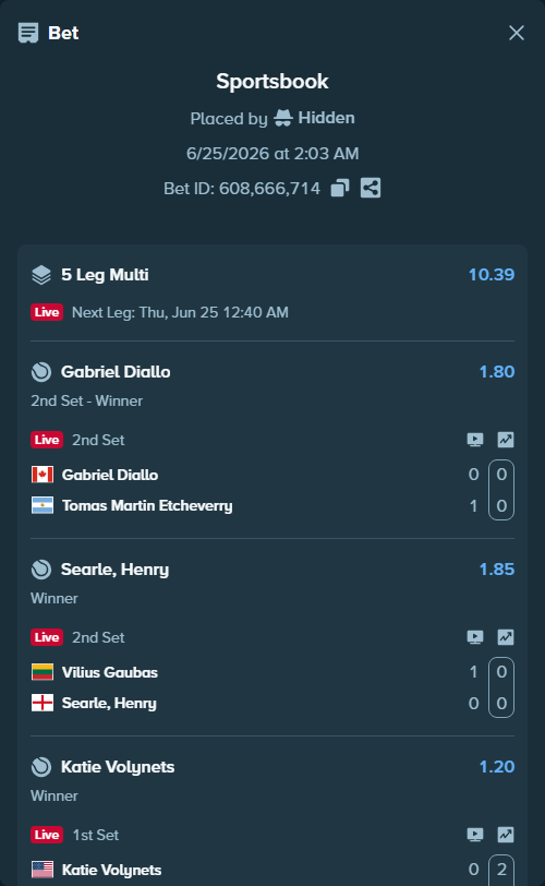 Bet slip: Vilius Gaubas - Searle, Henry, $10,699.54 stake at 1.85 odds, placed by Hidden