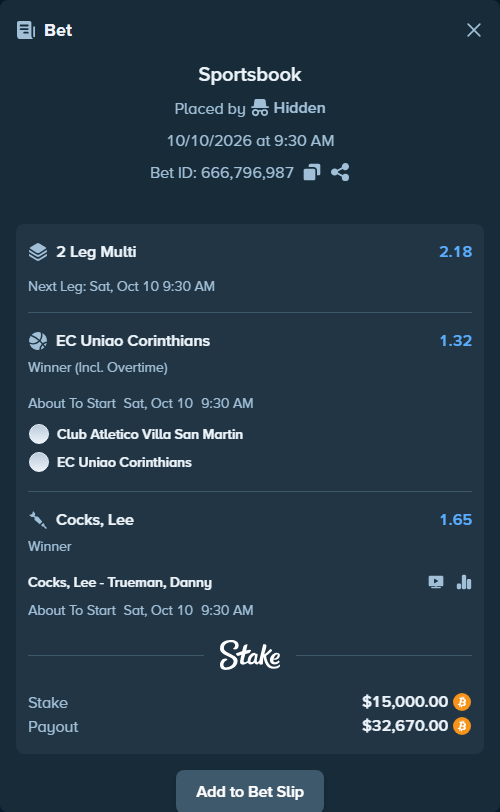 Bet slip: Villa San Martin - EC Uniao Corinthians, $15,078.40 stake at 1.32 odds, placed by Hidden