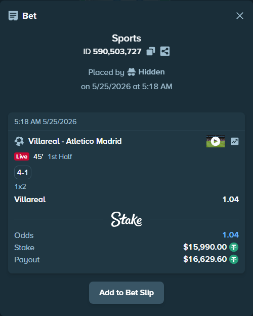 Bet slip: Villareal - Atletico Madrid, $15,990.00 stake at 1.04 odds, placed by Hidden