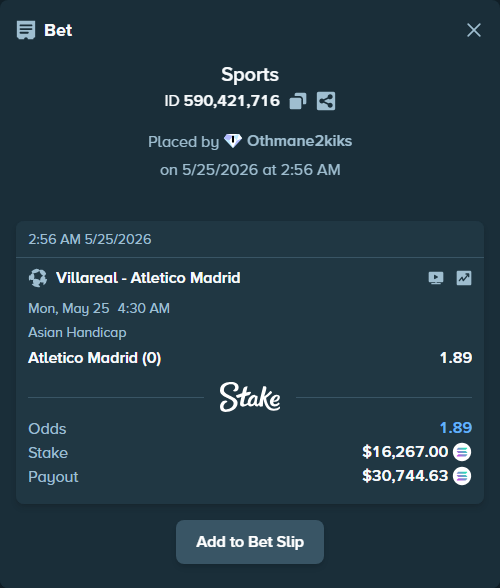 Bet slip: Villareal - Atletico Madrid, $13,947.79 stake at 1.89 odds, placed by Othmane2kiks