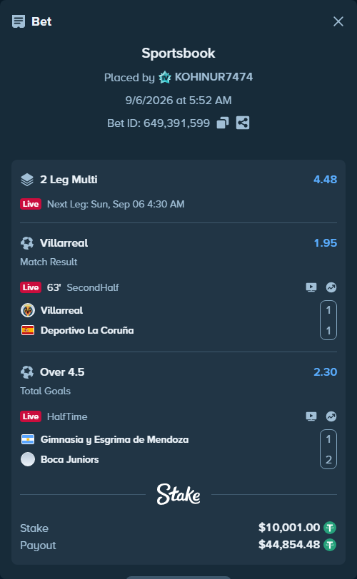 Bet slip: Villareal - Deportivo La Coruna, $10,000.00 stake at 1.95 odds, placed by KOHINUR7474