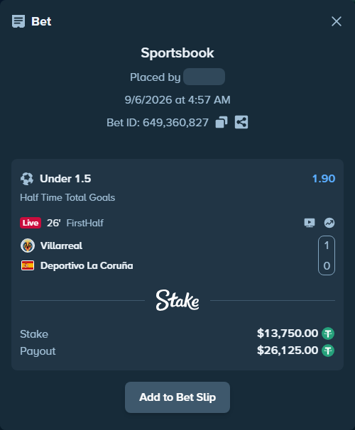 Bet slip: Villareal - Deportivo La Coruna, $13,748.63 stake at 1.90 odds, placed by partizanti22