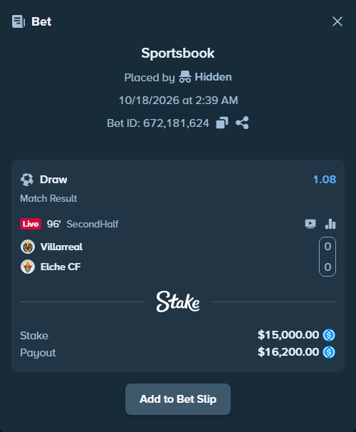 Bet slip: Villareal - Elche, $15,000.00 stake at 1.08 odds, placed by Hidden