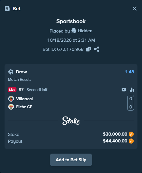 Bet slip: Villareal - Elche, $29,965.75 stake at 1.48 odds, placed by Syversi