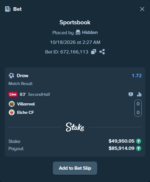 Bet slip: Villareal - Elche, $50,000.00 stake at 1.72 odds, placed by BetlikeaKing