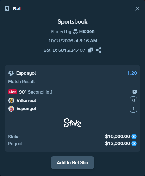 Bet slip: Villareal - Espanyol, $10,000.00 stake at 1.20 odds, placed by Yousef944