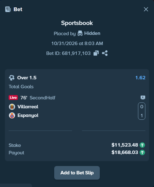 Bet slip: Villareal - Espanyol, $11,535.00 stake at 1.62 odds, placed by bivol15468