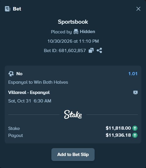 Bet slip: Villareal - Espanyol, $11,829.82 stake at 1.01 odds, placed by floutp451