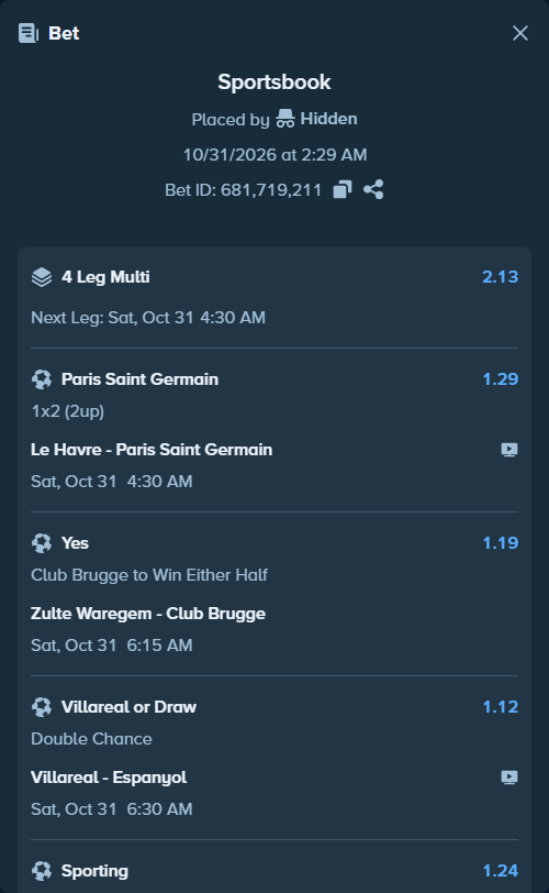 Bet slip: Villareal - Espanyol, $12,580.83 stake at 1.12 odds, placed by LATERAL007