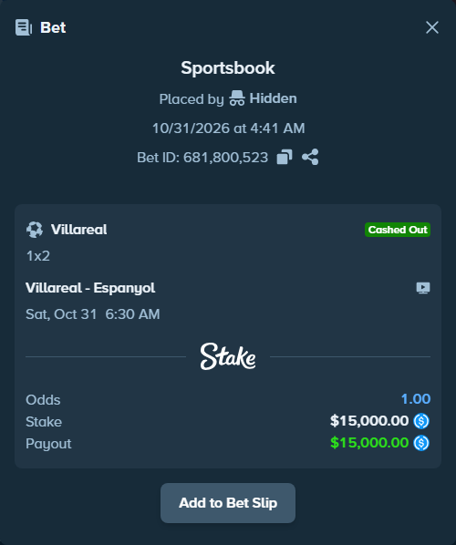 Bet slip: Villareal - Espanyol, $15,000.00 stake at 1.35 odds, placed by Andhjelm