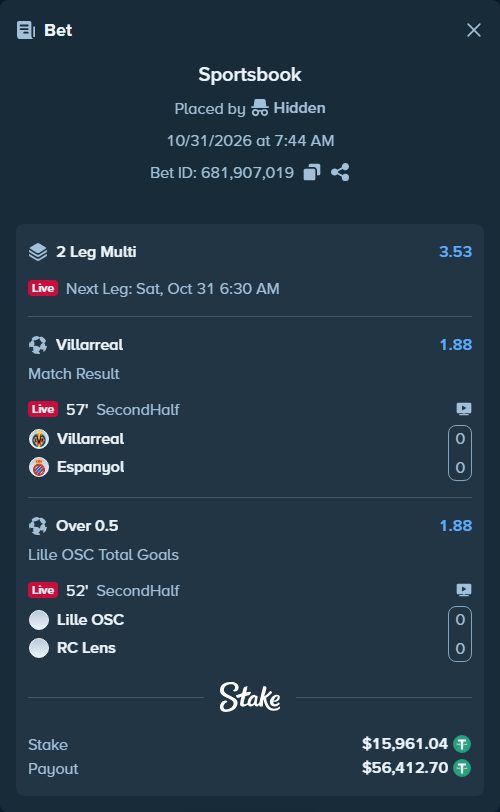 Bet slip: Villareal - Espanyol, $15,977.00 stake at 1.88 odds, placed by Hidden