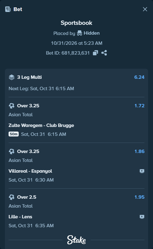 Bet slip: Villareal - Espanyol, $24,924.90 stake at 1.86 odds, placed by Hidden