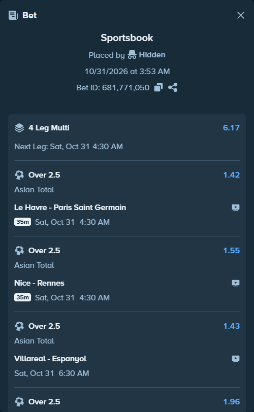 Bet slip: Villareal - Espanyol, $25,025.00 stake at 1.43 odds, placed by Hidden