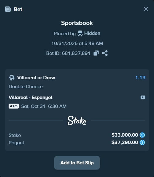 Bet slip: Villareal - Espanyol, $33,000.00 stake at 1.13 odds, placed by Lefzinatoren