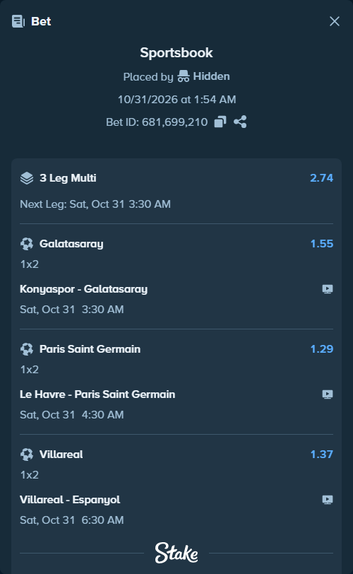 Bet slip: Villareal - Espanyol, $33,322.00 stake at 1.37 odds, placed by Hidden