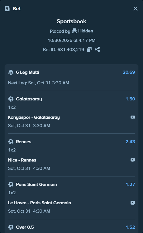 Bet slip: Villareal - Espanyol, $50,000.00 stake at 1.52 odds, placed by Hidden