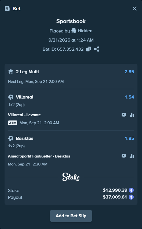 Bet slip: Villareal - Levante, $13,195.35 stake at 1.54 odds, placed by Hidden
