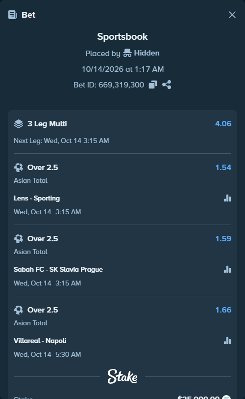 Bet slip: Villareal - Napoli, $24,823.23 stake at 1.66 odds, placed by kenthimself