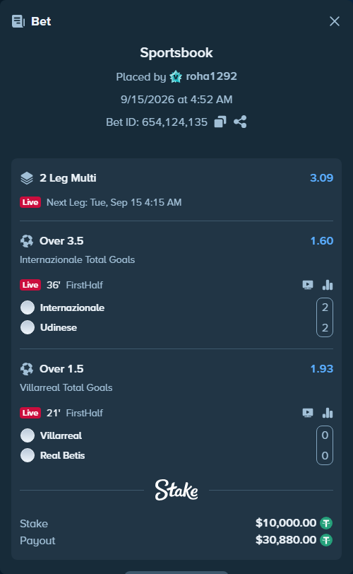 Bet slip: Villareal - Real Betis, $10,000.00 stake at 1.93 odds, placed by roha1292