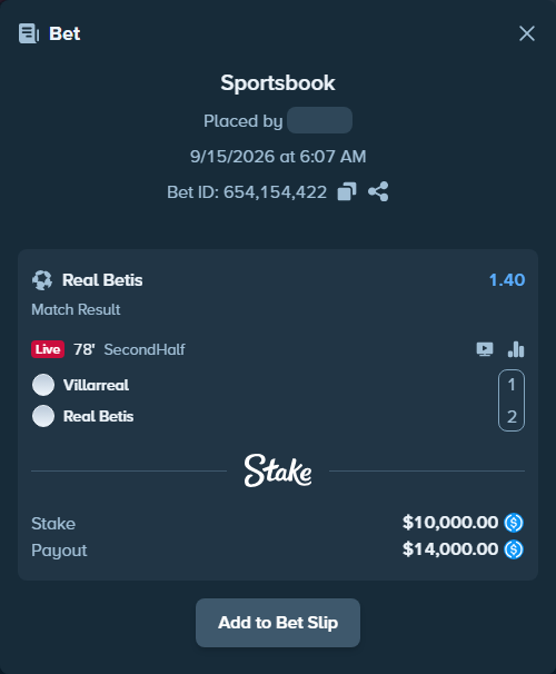 Bet slip: Villareal - Real Betis, $10,000.00 stake at 1.40 odds, placed by Hoggtann