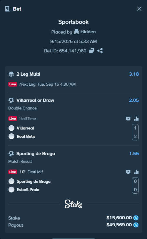 Bet slip: Villareal - Real Betis, $15,600.00 stake at 2.05 odds, placed by Hidden