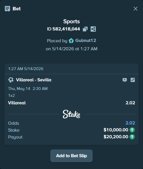 Bet slip: Villareal - Sevilla, $10,000.00 stake at 2.02 odds, placed by Gulmut12
