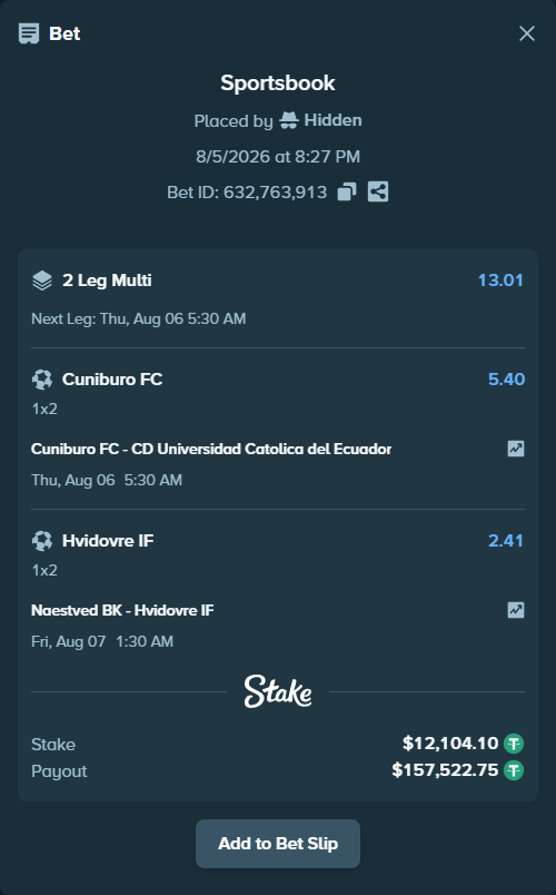 Bet slip: Vinotinto FC Ecuador - CD Universidad Catolica del Ecuador, $12,116.20 stake at 5.40 odds, placed by Hidden