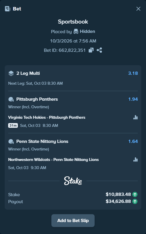 Bet slip: Virginia Tech Hokies - Pittsburgh Panthers, $10,883.48 stake at 1.94 odds, placed by Hidden