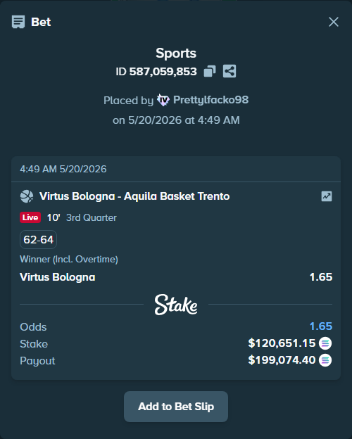 Bet slip: Virtus Bologna - Aquila Basket Trento, $104,364.41 stake at 1.65 odds, placed by Prettylfacko98