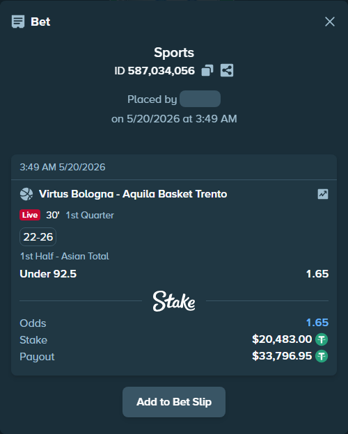 Bet slip: Virtus Bologna - Aquila Basket Trento, $20,503.48 stake at 1.65 odds, placed by Kriski99