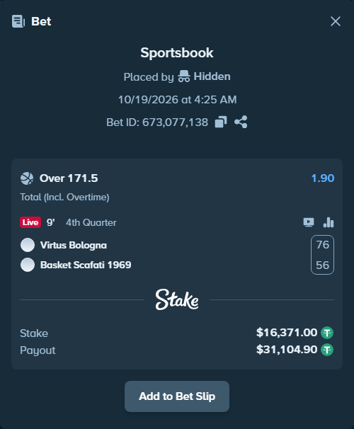 Bet slip: Virtus Bologna - Basket Scafati 1969, $16,387.37 stake at 1.90 odds, placed by Kriski99