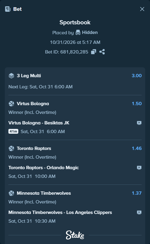 Bet slip: Virtus Bologna - Besiktas JK, $15,015.00 stake at 1.50 odds, placed by Hidden