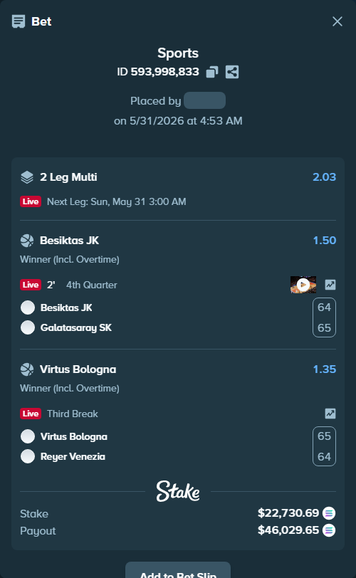 Bet slip: Virtus Bologna - Reyer Venezia, $20,124.04 stake at 1.35 odds, placed by Prettylfacko98