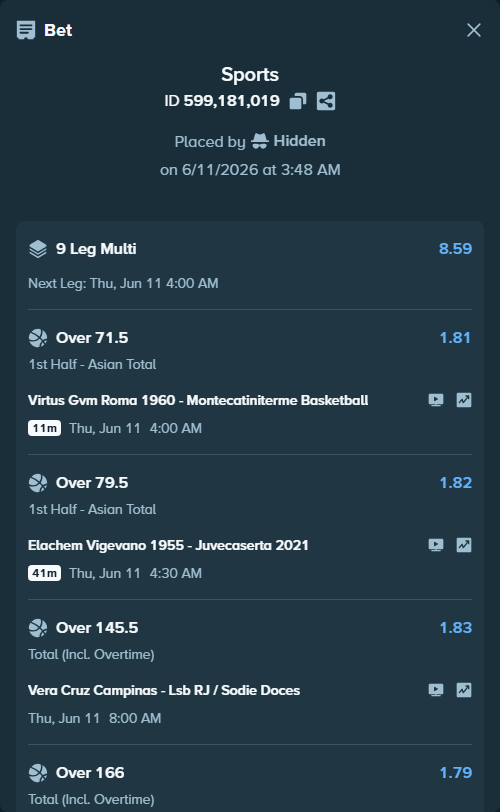 Bet slip: Virtus Gvm Roma 1960 - Montecatiniterme Basketball, $10,464.00 stake at 1.81 odds, placed by Hidden