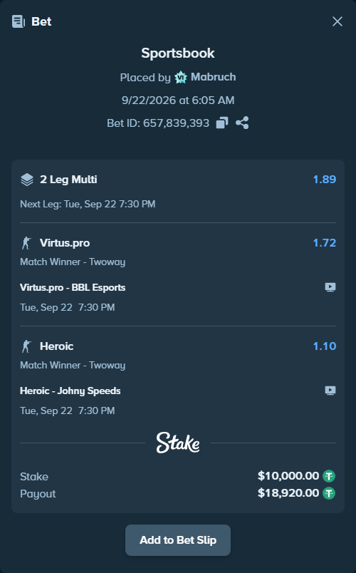 Bet slip: Virtus.pro - BBL Esports, $10,000.00 stake at 1.72 odds, placed by Mabruch
