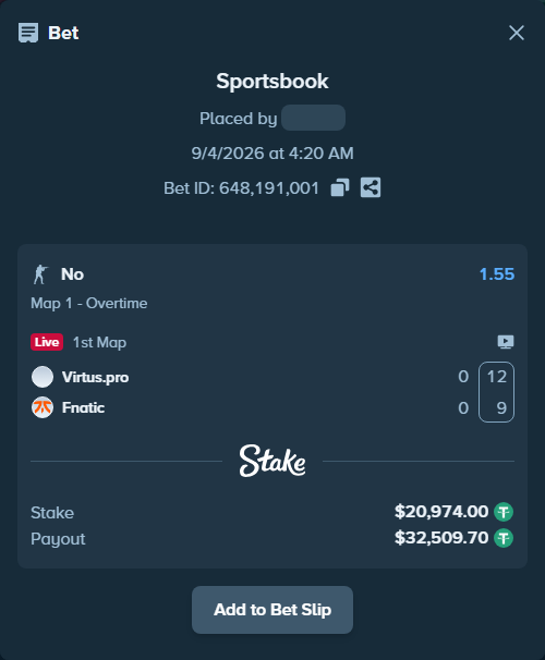 Bet slip: Virtus.pro - Fnatic, $20,974.00 stake at 1.55 odds, placed by saszakoncza