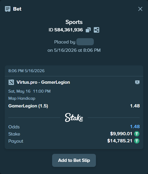 Bet slip: Virtus.pro - GamerLegion, $10,000.00 stake at 1.48 odds, placed by Pospisil1